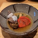 天ぷら たけうち - つぶ貝、トマト、水菜、南関揚げ
