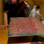 馳走 啐啄一十  - 榊山牛生ハム#1。 牛のハム仕立て。 Jamon Sakakiyamaといったところでしょうか。 脂の融点、低そうです。 すでに皿の上でとろけてますヨ！