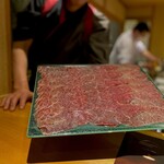 馳走 啐啄一十  - 榊山牛生ハム#1。 牛のハム仕立て。 Jamon Sakakiyamaといったところでしょうか。 脂の融点、低そうです。 すでに皿の上でとろけてますヨ！