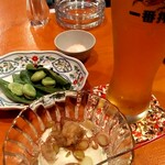 Nomitabe Dokoro Koike - 生ビールとお通しの南禅寺とそら豆