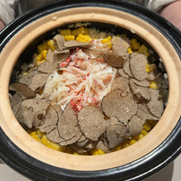 L'ETERRE - 毛蟹と玉蜀黍ご飯、サマートリュフを削って。浅利とチキンブイヨンで炊き上げてあります。新生姜が香って。