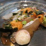 25年8月　石鰈、天草赤雲丹　土佐醤油、焼き海苔添え