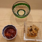 日本橋蛎殻町 すぎた - 秋田 新政 貴醸酒、鱒子の味噌漬、鮟肝と胡瓜の奈良漬