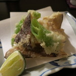 土家 - 25年8月　甘鯛、松茸、伏見唐辛子の天麩羅　酢橘、塩で