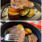 ビストロ デ トロワ - わっ！分厚いお肉が2枚も！(*ﾟ∀ﾟ*)
      絶妙な火入れで、やわらか〜い！
      むしろお肉の甘み‥豚肉本来の旨みを感じます♡
      
      グリルしたお野菜も甘くて美味♪