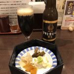 みかわの郷 - アサヒ生ビール・黒生 小瓶、サービスの漬物