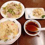 三ちゃん食堂 - 本日いただいたのは”チャーハン”、”ネギ肉イタメ”、”みょうがの天ぷら”の３品です。”チャーハン”を食べている途中での撮影です。