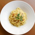 Domestic garlic and fresh whitebait red pepper spaghetti