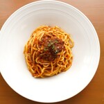Spaghetti with slow-cooked rich meat sauce and mushrooms