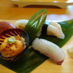 Sushi Ono - お寿司（雲丹、マグロ、甘海老、ヒラメ）