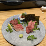 肉寿司 肉和食 KINTAN - 黒毛和牛の刺身盛り合わせ、ハツ、ローストビーフ、ランプ、ザブトン