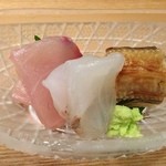 春草 - 13.8月上　お造り（ヒラマサ、コチ、穴子のバッテラ）