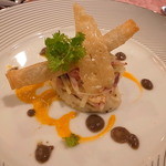 日和庵 - 仙崎産イトヨリ鯛とポアローとジャガイモのロティ・トリュフ風味のマッシュポテトと黒オリーブのクーリー