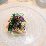 La Brianza - 鹿児島県カンパチ炙りカルパッチョ水茄子のサンド甘夏おかひじき茄子のペースト江戸前ハーブ。水茄子美味しいですね～カンパチ炙りも美味しいな～