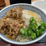 Yoshinoya - 牛麦とろ丼 602円。半熟玉子 107円。