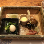 千ふく - つきだし(こしあぶら、うずら半熟卵、とうもろこし擂り流し、バイ貝)