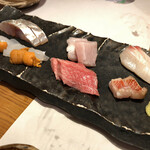 千ふく - お造り盛り(本まぐろ、千葉 金目鯛炙り、愛媛 まながつお、 太刀魚、淡路 鬼あじ、烏賊、北海道 うに)