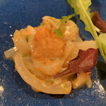 ドゥ・クルール - イカとレタスのサラダ、ウニソースの上のリーフレタスを避けた写真笑