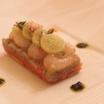 Aug, 2013　ボタン海老、赤パプリカ、茄子のタルティーヌ