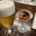日本酒Dining 根岸 川木屋 - お通しとビール