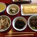 Nagoya Moriyama Shokudou - 卯の花 アジ南蛮漬け ひじき 牛蒡煮 出し巻き卵