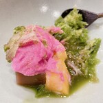 蕎麦割烹  倉田 - 氷宇治抹茶、赤紫蘇シャーベット、メロン、水羊羹