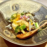 Oikawa - 北海縞海老、水茄子、ジュンサイの蓴菜の土佐酢ジュレ掛け