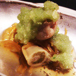 桔梗屋 - 素麺南瓜と牡蠣の和え物に胡瓜のすりおろしを乗せてあります