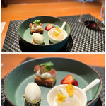 インカメラ コン テラッツァ - ＜Dolce＞
      “ドルチェの盛り合わせ”
      ◇ぶどうのショートケーキ
      ◇ヨーグルトのジェラート
      ◇ココナッツnパンナコッタとライチ
      ◇イチゴ