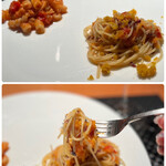 インカメラ コン テラッツァ - ◇カラスミ 人参 ラデッキオのペペロンチーノ
      に変更してくださいました。
      ‥こちらは乾麺。
      ほろ苦いラデッキオ(赤チコリー)とカラスミの塩味、
      人参の甘みのバランスがちょうど良く、美味♪(*´ω`*)