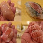 鮨 しゅん輔 - 左上：金目鯛　右上：鯵　下：同じ個体の中トロを厚さや切り方を変えて食べ比べ