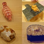 Sushi Shunsuke - 左上：車海老　右上：雲丹の手巻き　左下：穴子　右下：鮟肝の巻き物