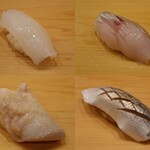 Sushi Shunsuke - 左上：白烏賊　右上：エボ鯛昆布締め　左下：北寄貝　右下：小肌