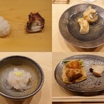 Sushi Shunsuke - 左上：水蛸と煮蛸　右上：バイ貝酒蒸し　左下：白海老昆布締め　右下：鮟肝と鮑