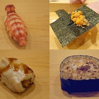 鮨 しゅん輔 阿佐ヶ谷 - 左上：車海老　右上：雲丹の手巻き　左下：穴子　右下：鮟肝の巻き物