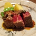 Washoku Shinkuro - 黒毛和牛のイチボステーキ …… 甘長唐辛子、じゃがいもの唐揚げ
                        　低温調理