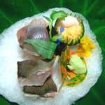 美加登家 - 鮎洗い　日原産山葵　茗荷　水前寺海苔 美加登家のある日原は、鮎と山葵(わさび)が名産なのだそうです。