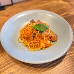 Tomato sauce pasta with mozzarella cheese and fried eggplant