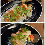 biodinamico - ‥熟成した真鯛は、しっとりもっちり、旨みが凝縮。
      刻んだオリーブ、キュウリ、トマト、香草を使った
      カルパッチョソースも酸味がバランス良く、とても美味しいです♪(o^^o)