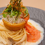 Authentic Japanese-style mentaiko cream pasta made with dashi soup by a Japanese-style meal chef