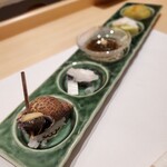 渋谷 すし仙 - 前菜5種盛り～黒バイ貝の旨煮、小肌の酢漬け、沖縄産もずく、そら豆豆腐、茄子の煮浸し