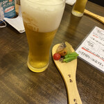 Hiroshima Setouchi Ryourizassou An - 食べログクーポンでいただいたひとり一杯生ビール無料の生ビールとお通し