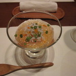 旬鮮炭火焼 獺祭 - お通し　温泉卵のジュレがけ　2013.8