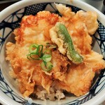 Udon Ubara - ミニと思えない嬉しいボリュームのとり天丼♪ふんわりジューシで柔らかい鶏むね肉とサクサクの衣、あっさり軽やかな天丼のタレが良く合う！