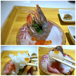 糸島食堂 - ◆海老は大きく、甘くて美味しい。魚介はどれも新鮮。 ＊帆立があま～い、ご飯はツヤツヤ。