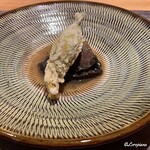 丸新 - 鮑の騙し煮と河豚の白子入り花ズッキーニのフリット
