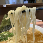 Ramen Teuchi Hosono - 「特製煮干しらーめん」「大盛」麺リフト。平打ちのつるつるした食感でスープを良く引き揚げてくれる。麺の長さは比較的短めで、箸で掬っても、一掴みでは大量の麺を掴むことが難しいレベルの長さだ。