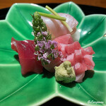 らん亭～ 美日庵 - 天然 南鮪の赤身とトロと鮃と鮃の縁側の紅白の源平盛り