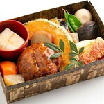 Seasonal Bento (boxed lunch) with lotus root manju in wasabi soup