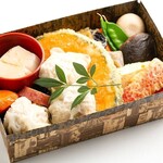 Seasonal Bento (boxed lunch) with minced fish and minced pork shumai